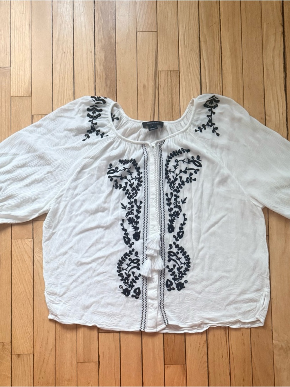 Karen Kane White Peasant Blouse with Black Embroidery - Picture 2 of 4